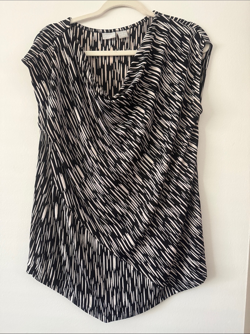 Chico's Black & White Draped Cowl-Front Print Top